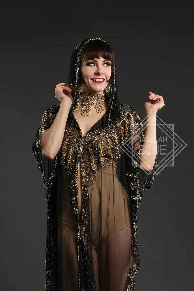 black sheer kaftan with hood dress robe
