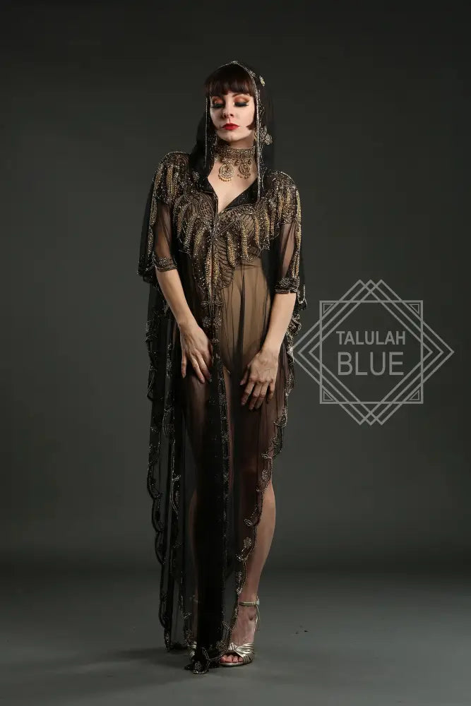 black sheer kaftan with hood dress robe