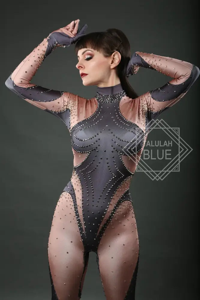 Burlesque showgirl full body rhinestone catsuit - leotard