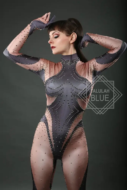 Burlesque showgirl full body rhinestone catsuit - leotard