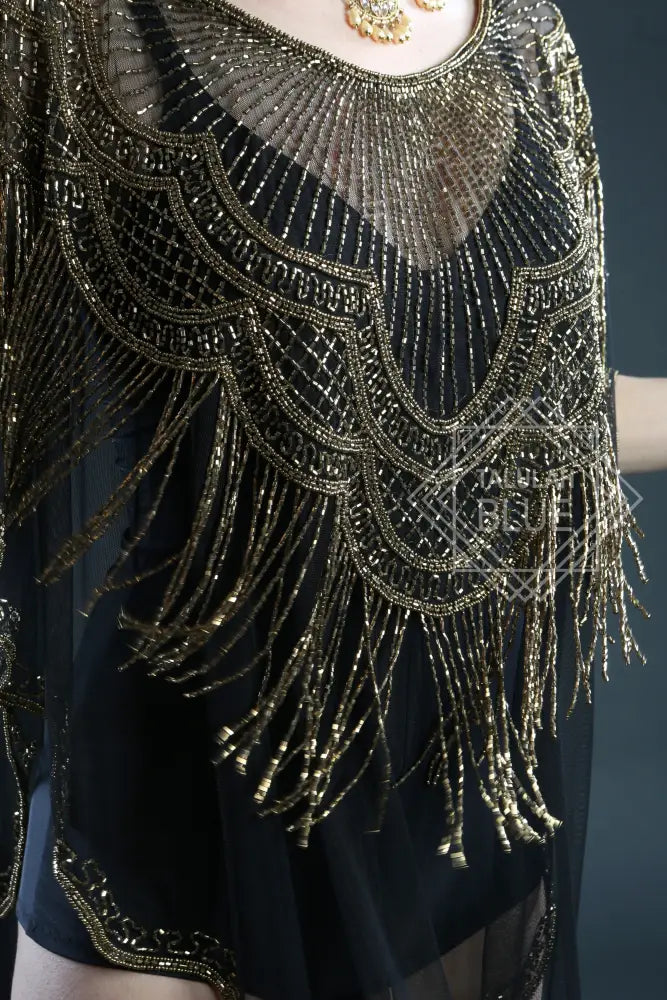 roaring twenites style flapper dress black beaded kaften, great gatsby party, sheer black mesh, vintage fashion