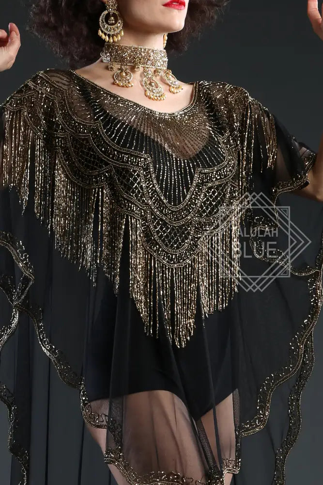 roaring twenites style flapper dress black beaded kaften, great gatsby party, sheer black mesh, vintage fashion