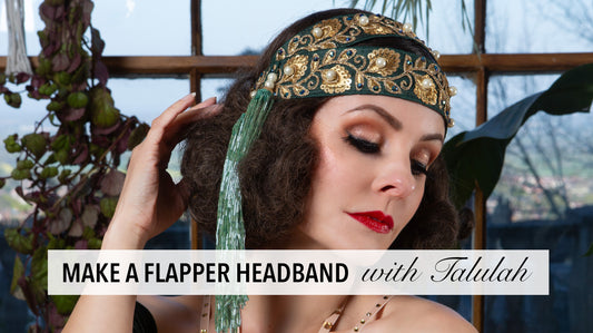 DIY 1920s flapper headband with gold embroidery, pearl beads, and luxurious glass tassels – perfect Great Gatsby accessory for vintage parties or roaring twenties outfits