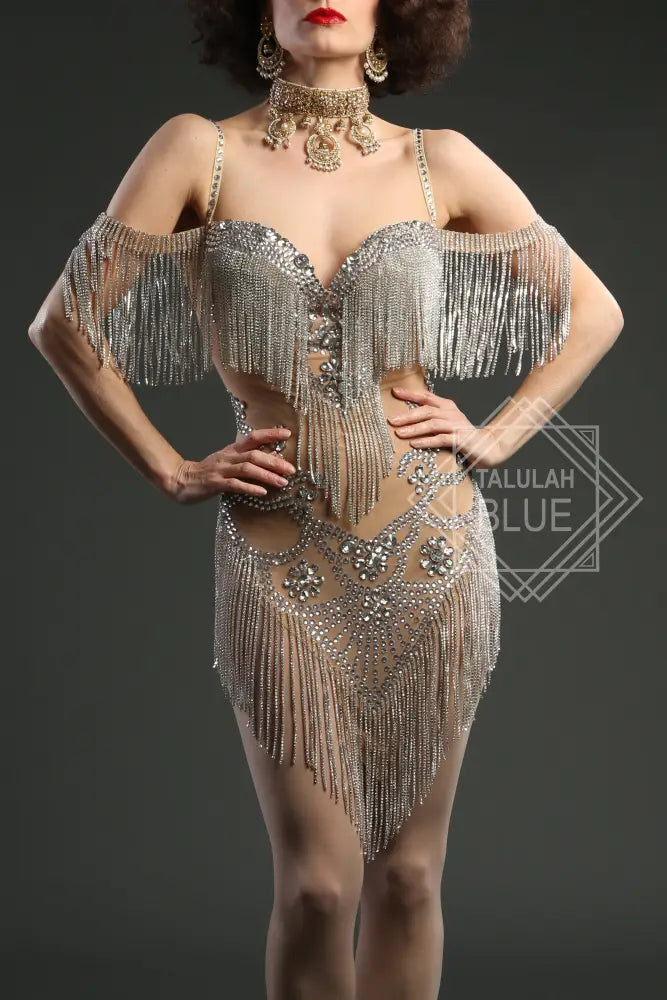 Nude Mesh Crystal Bodycon mini Flapper Dress 1920 showgirl