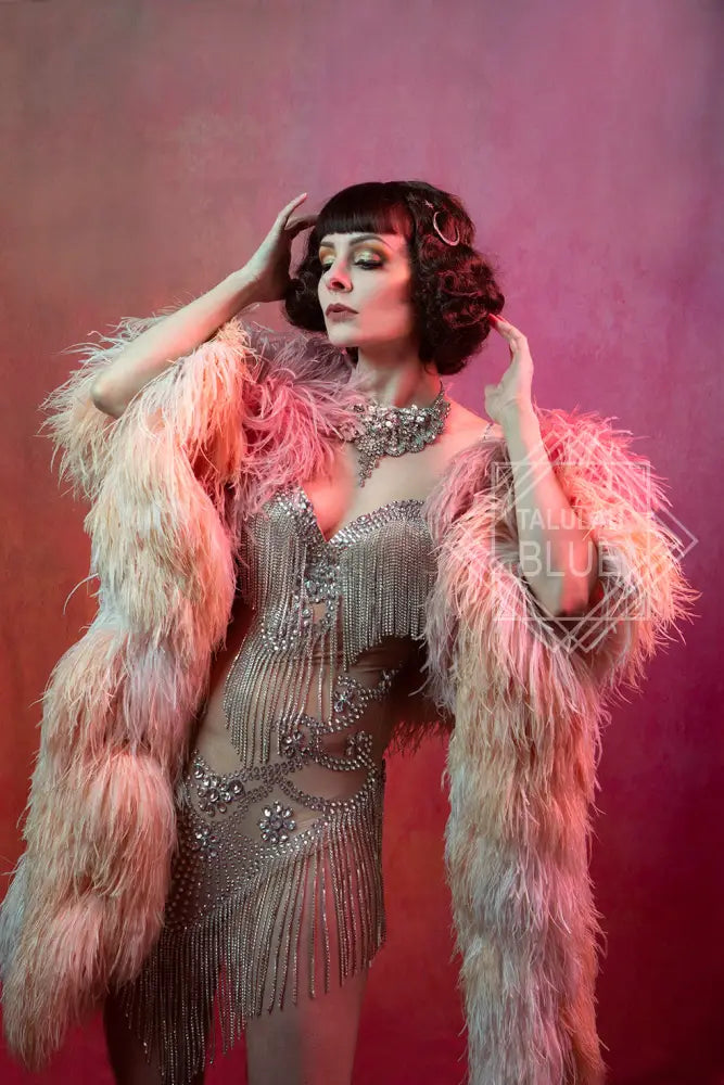 Nude Mesh Crystal Bodycon mini Flapper Dress 1920 showgirl