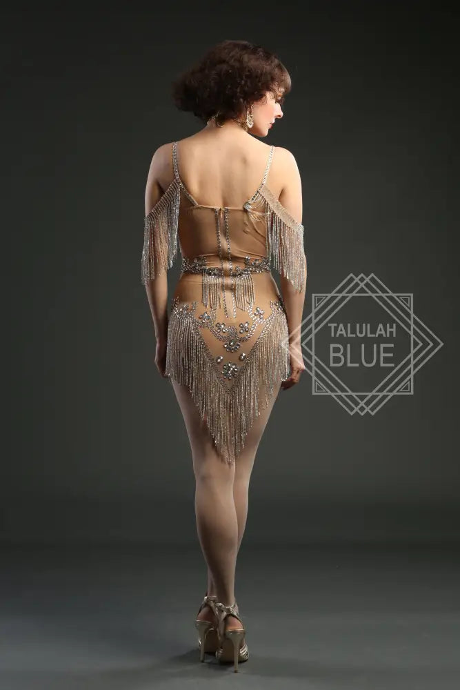 Nude Mesh Crystal Bodycon mini Flapper Dress 1920 showgirl