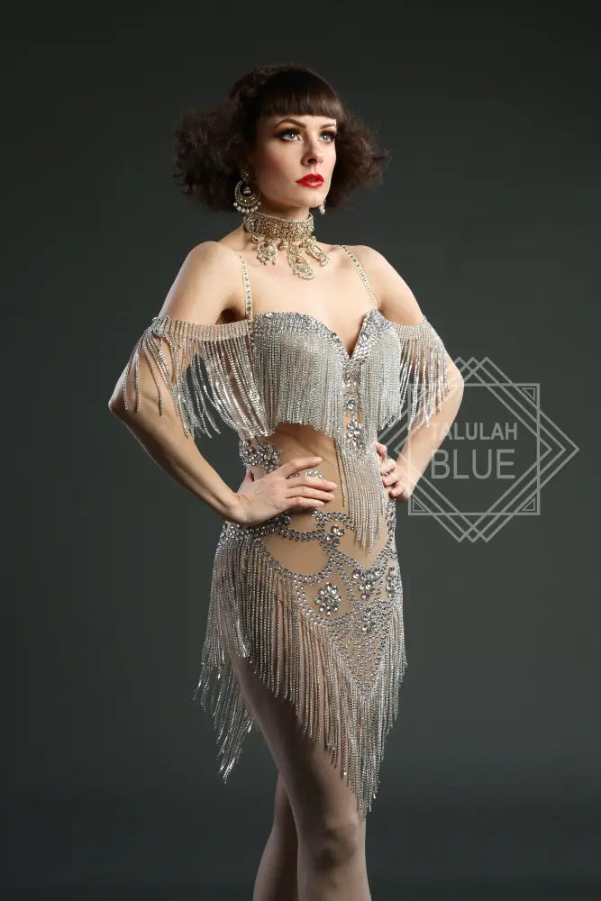 Nude Mesh Crystal Bodycon mini Flapper Dress 1920 showgirl great gatsby party fancy dress dancer