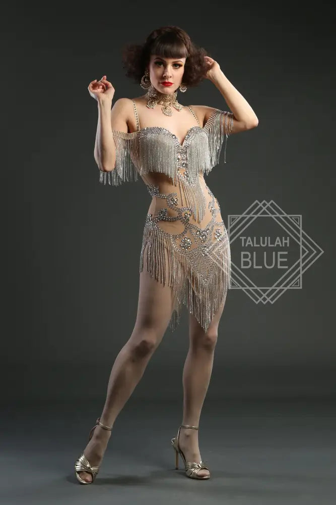 Nude Mesh Crystal Bodycon mini Flapper Dress 1920 showgirl