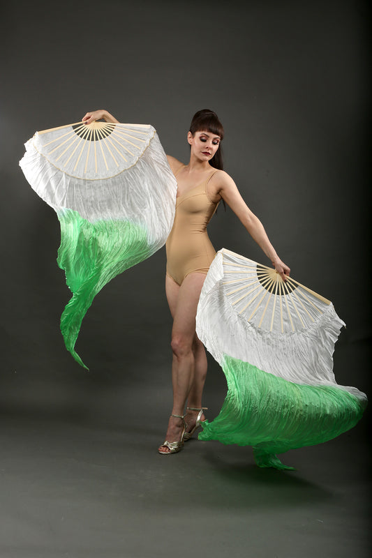 green and white dip dye silk veil fans