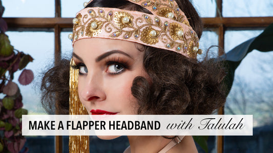 DIY 1920s flapper headband with gold embroidery, pearl beads, and luxurious glass tassels – perfect Great Gatsby accessory for vintage parties or roaring twenties outfits