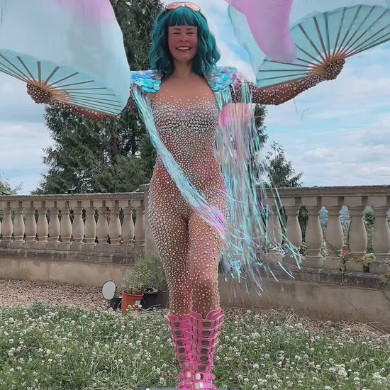 Crystal catsuit unitard for festivals, raves, circus and arial costumes.