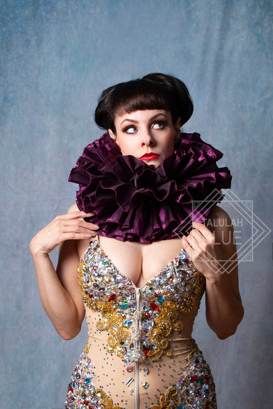 purple clown costume neck ruff victorian collar, clown fancy dress