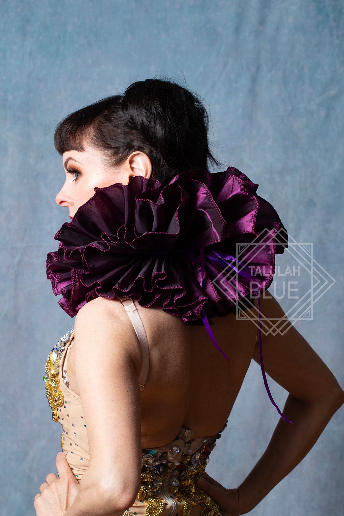 purple clown costume neck ruff victorian collar, clown fancy dress