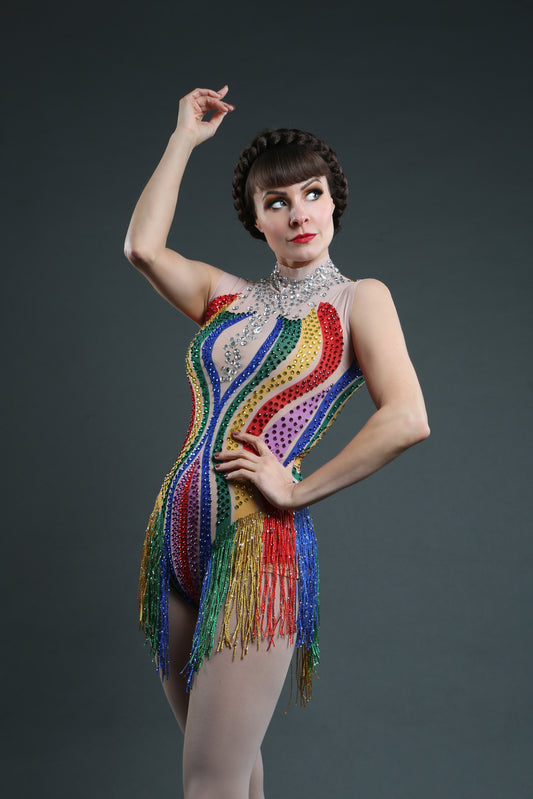 Rainbow circus clown costume with rhinestones, pride costume LGBTQIA+, mardis gras festival outfit