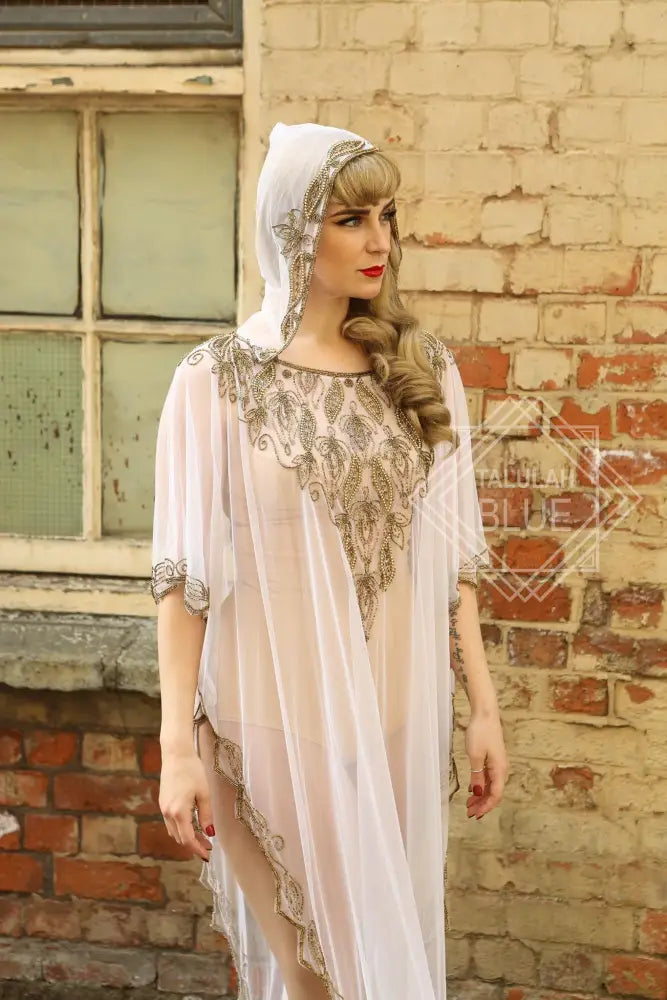 Sheer White Beaded Kaftan with Hood