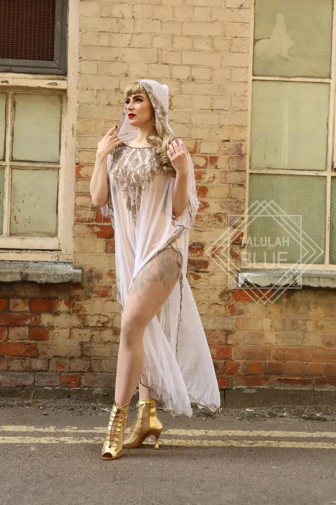 Sheer White Beaded Kaftan with Hood