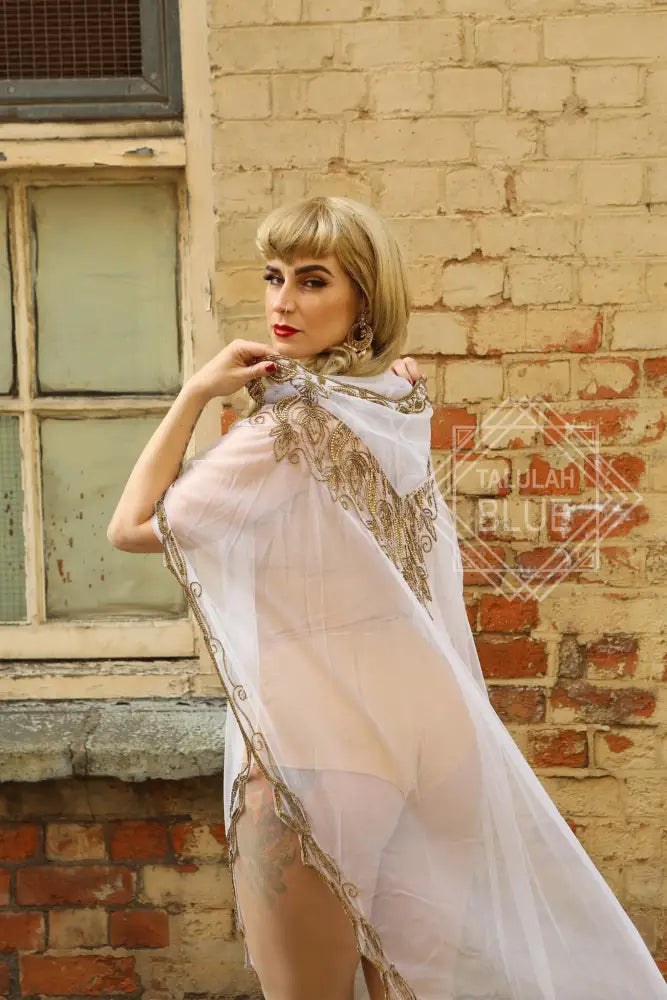 Sheer White Beaded Kaftan with Hood