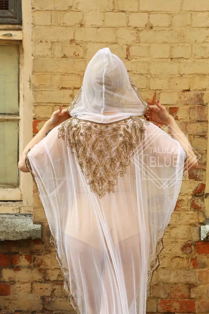 Sheer White Beaded Kaftan with Hood