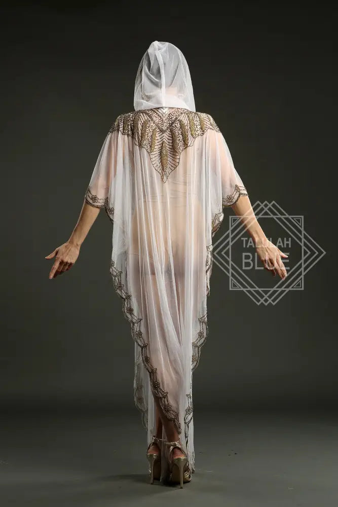 white kaftan gold hood embroidery beach wear costume