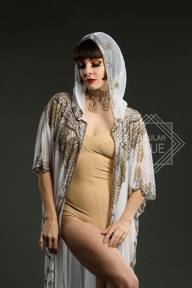 white kaftan gold hood embroidery beach wear costume