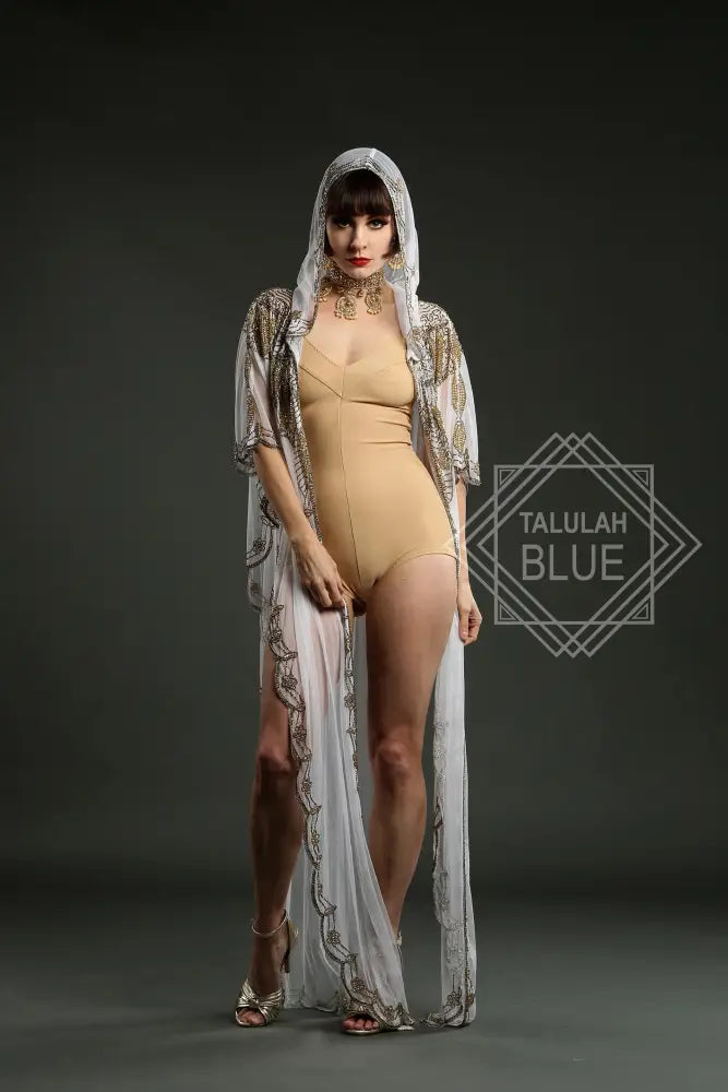 white kaftan gold hood embroidery beach wear costume