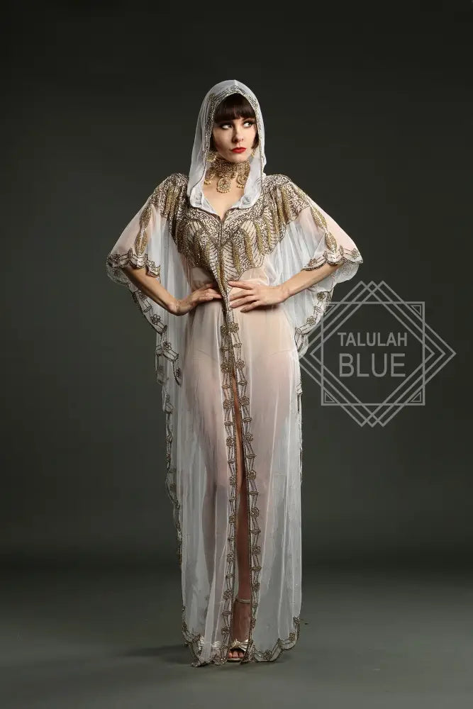 white kaftan gold hood embroidery beach wear costume