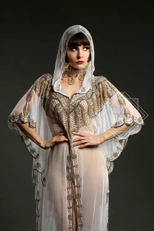white kaftan gold hood embroidery beach wear costume
