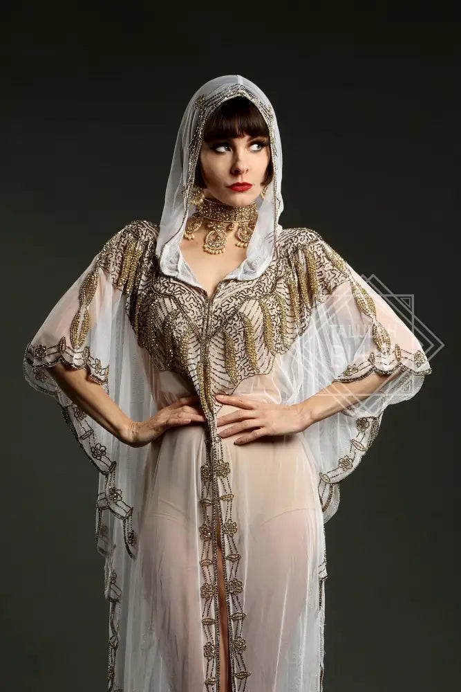 white kaftan gold hood embroidery beach wear costume