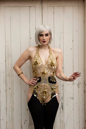 gold and white belly dance showgirl leotard outfit