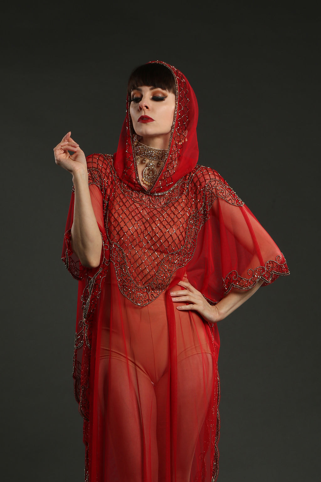 red kaftan with hood gold embroidery beach wear