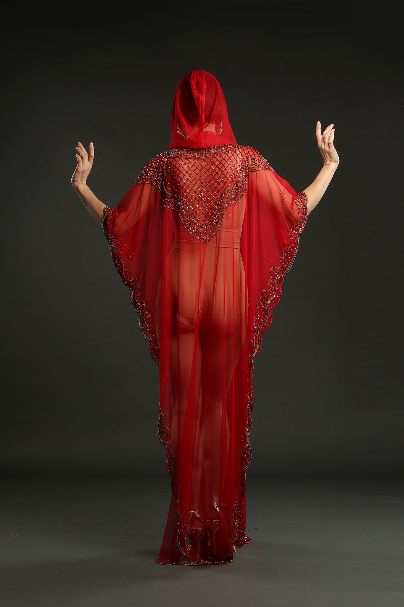 red kaftan with hood gold embroidery beach wear