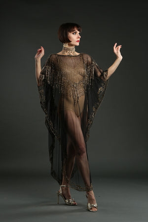 roaring twenites style flapper dress black beaded kaften, great gatsby party, sheer black mesh, vintage fashion, burlesque outfit, art deco fashion