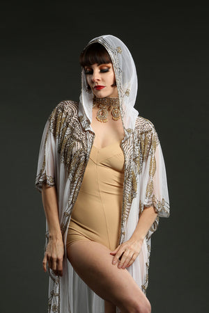 white kaftan gold hood embroidery beach wear costume