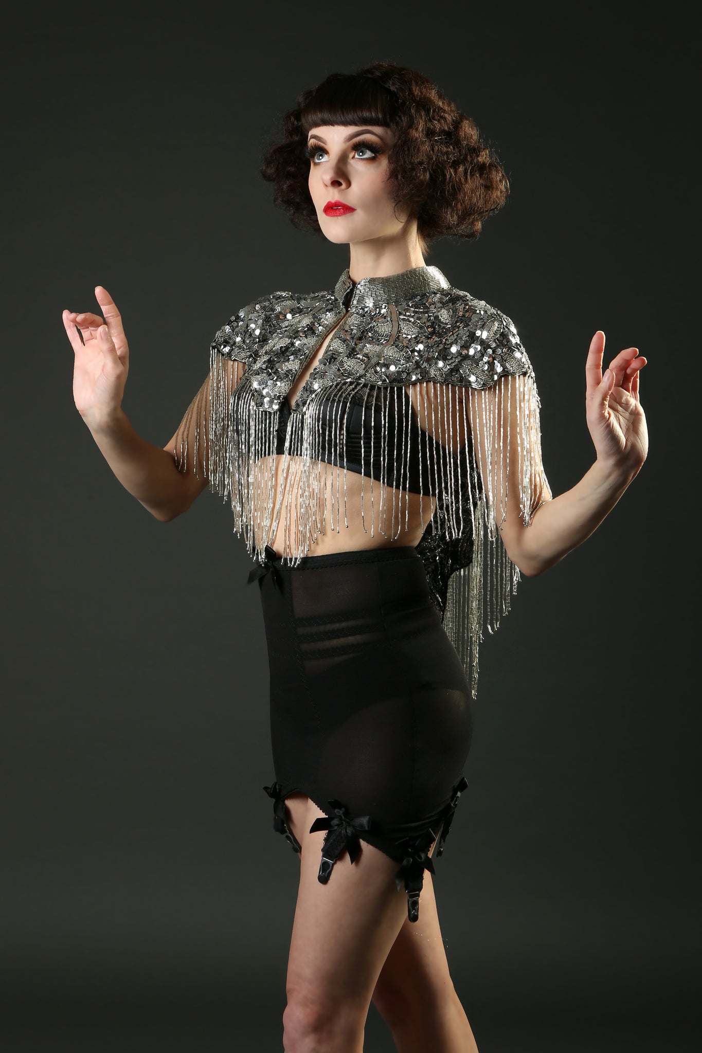 1920 Silver Embellished Beaded Great Gatsby Cape Fringe Top