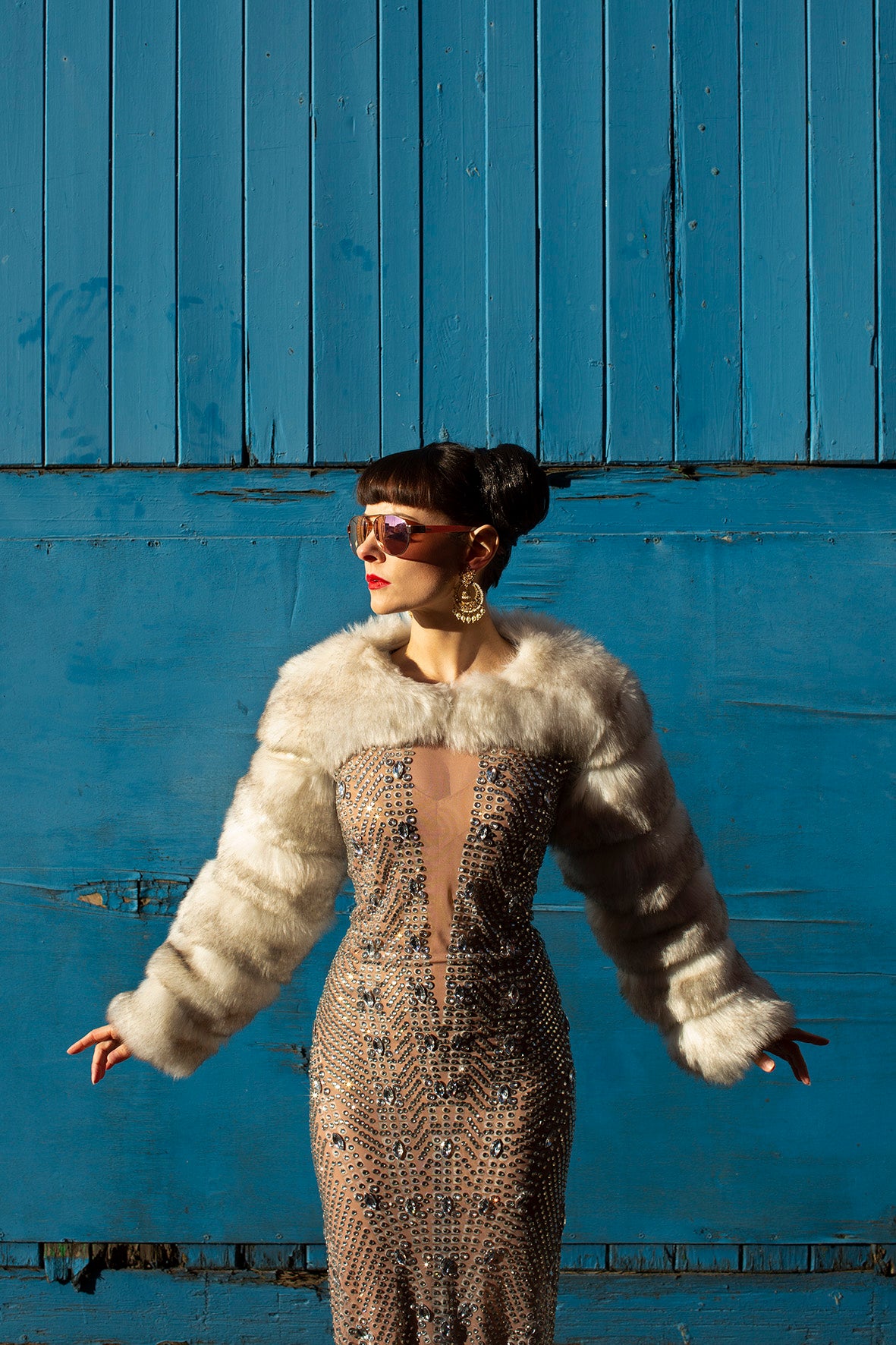 white faux fox fur cropped jacket festival outfit costume