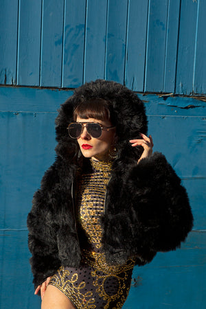 black faux fur coat with hood festival outfit costume clubbing