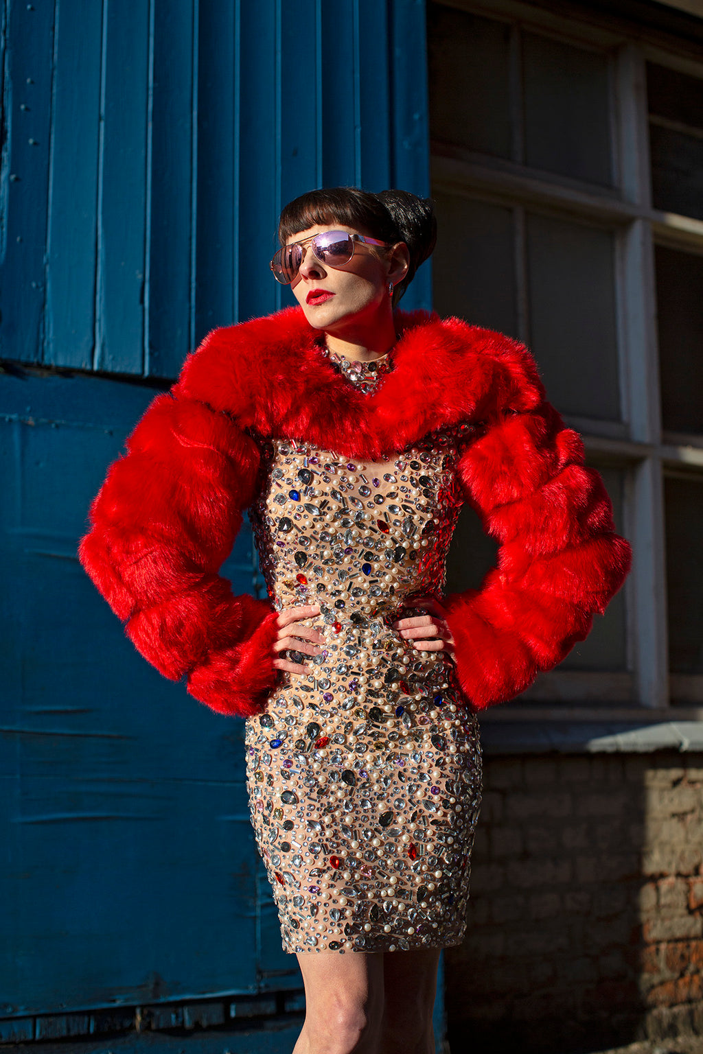red faux fur cropped jacket festival outfit costume