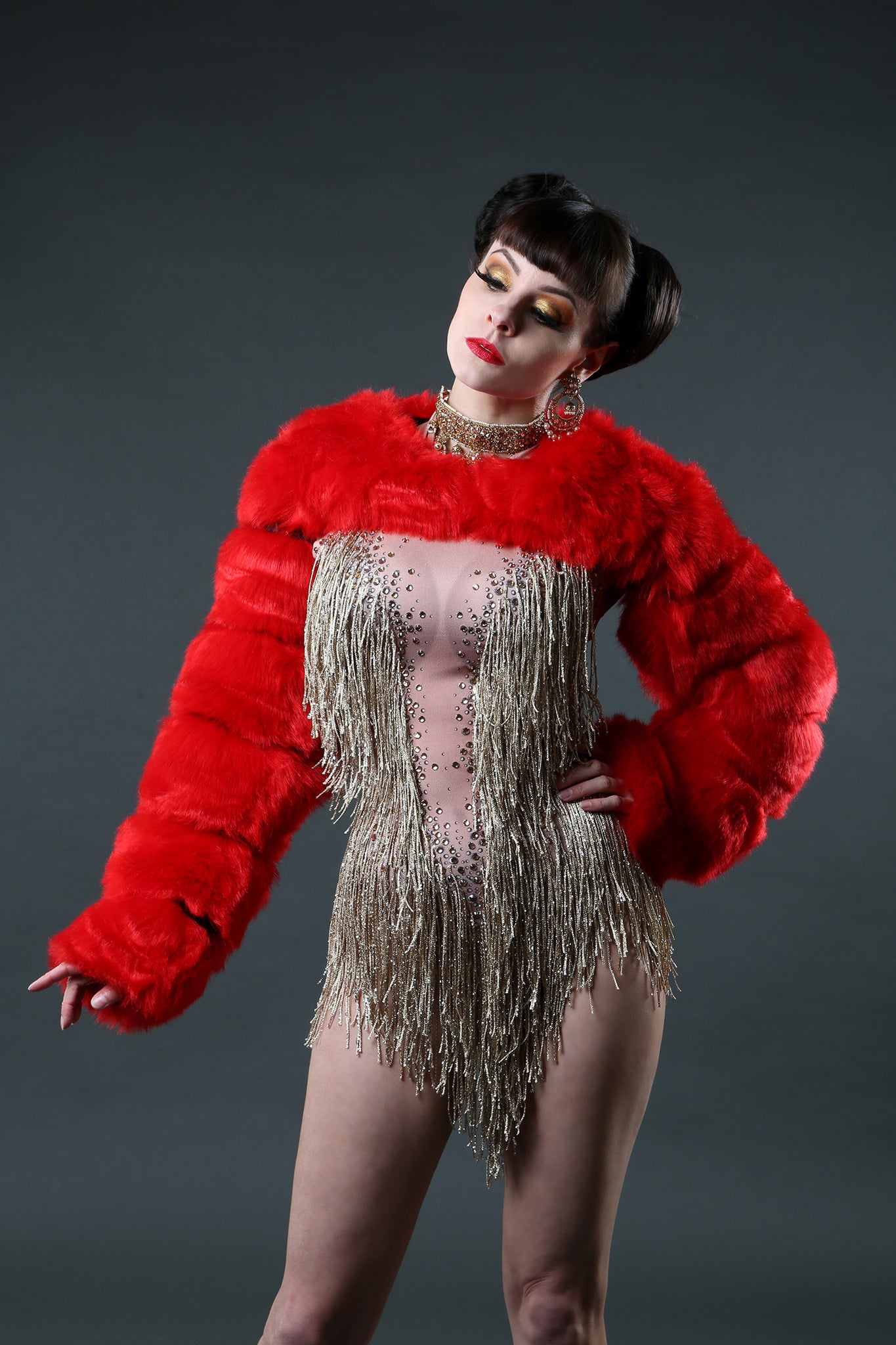 red faux fur cropped jacket festival outfit costume