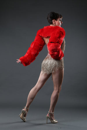 red faux fur cropped jacket festival outfit costume