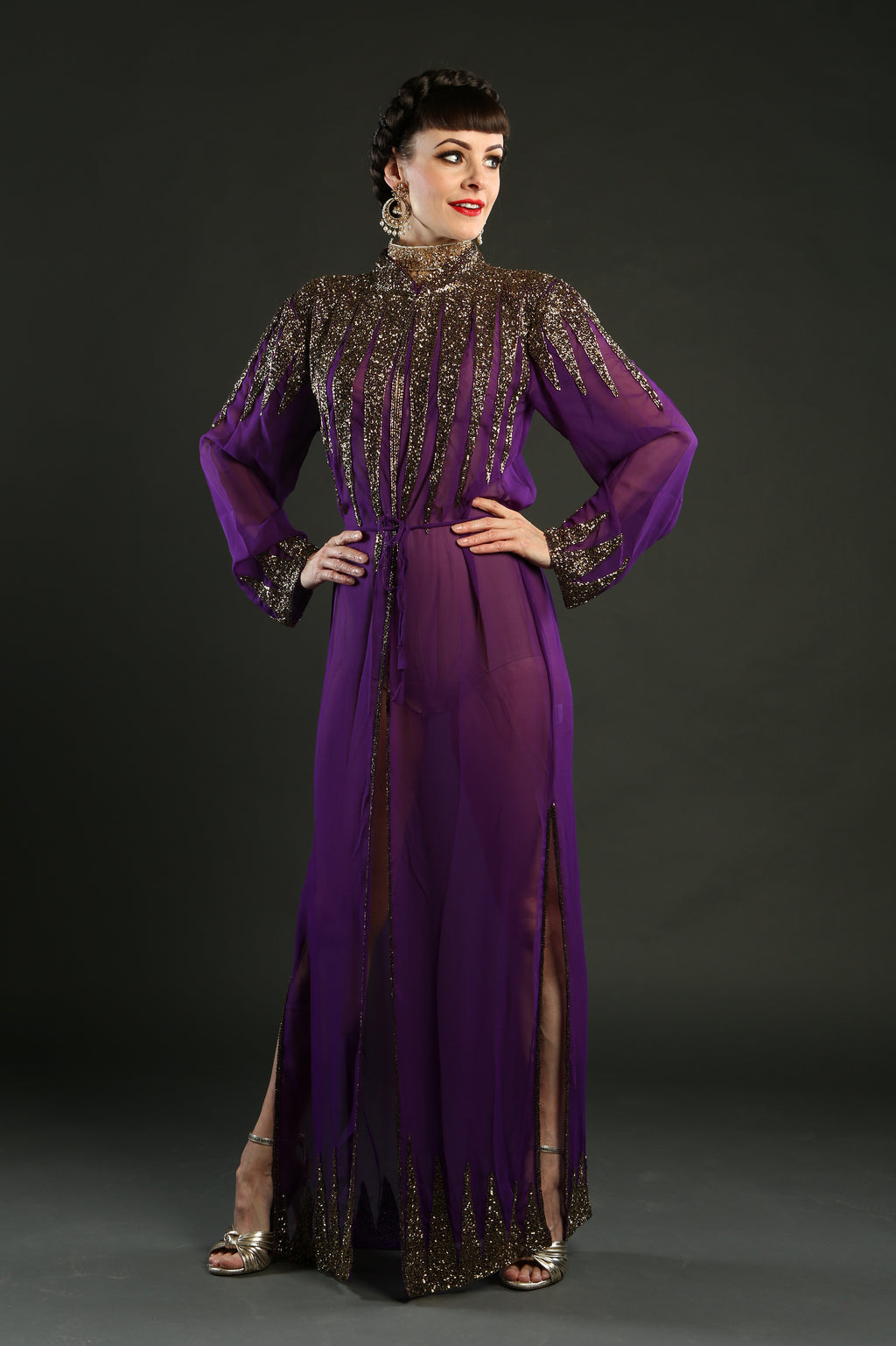 Dark Purple Embellished Gown Overcoat circus costume 1920 showgirl