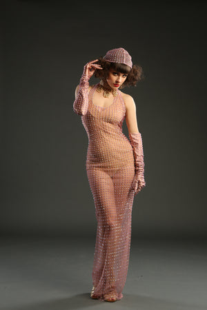 Pink Floor Length Glamorous Crystal Bodycon Dress