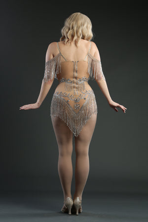 Nude Mesh Crystal Bodycon mini Flapper Dress 1920 showgirl