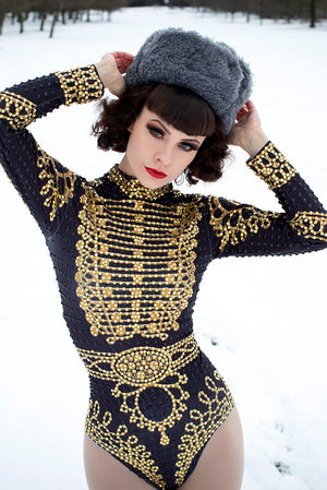black gold circus ring mistress dance leotard costume military