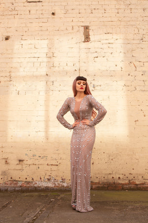 floor length gem evening dress showgirl drag burlesque costume