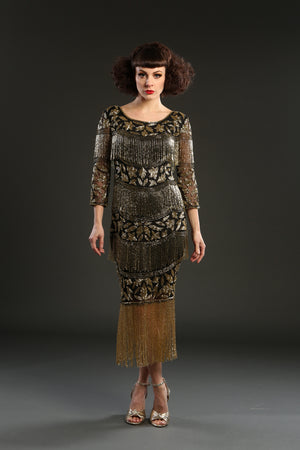Black Gold Art Deco Beaded 1920s flapper Dress