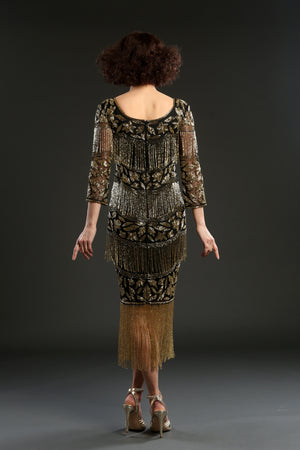 Black Gold Art Deco Beaded 1920s flapper Dress