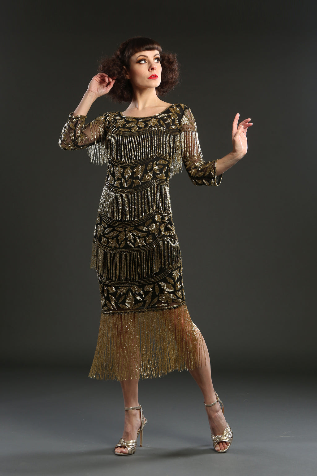 Black Gold Art Deco Beaded 1920s flapper Dress