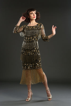 Black Gold Art Deco Beaded 1920s flapper Dress