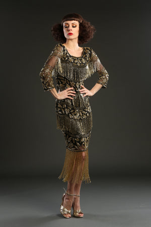 Black Gold Art Deco Beaded 1920s flapper Dress