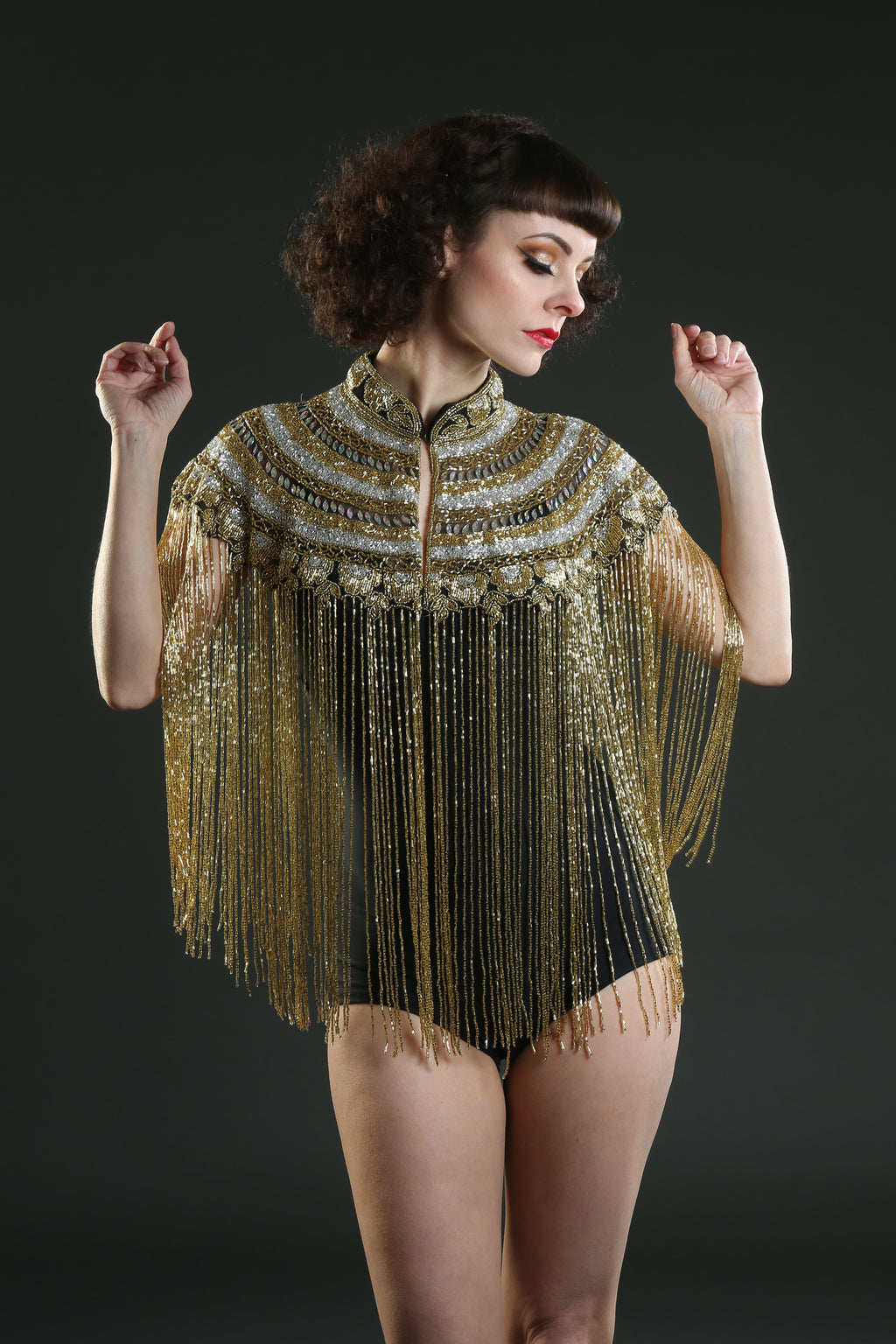 black gold silver long tassel fringe cape top